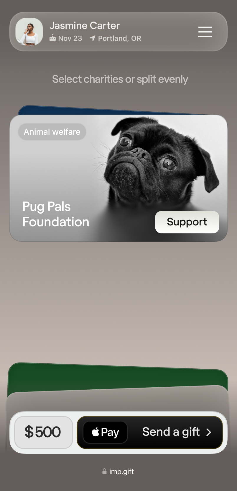 Charities selection screenshot